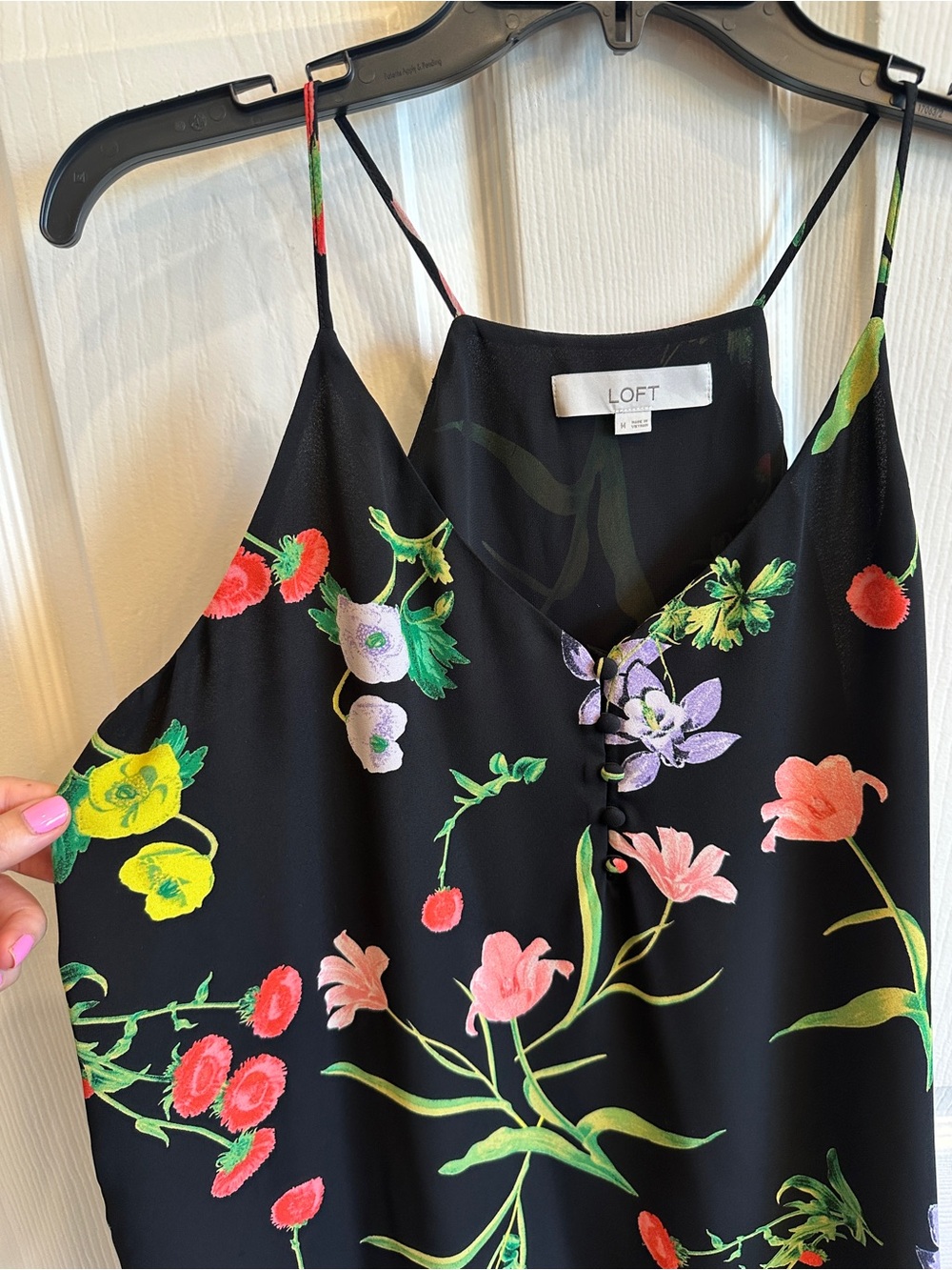 LOFT Black Floral Button-Front Spaghetti Strap Tank - Picture 3 of 4